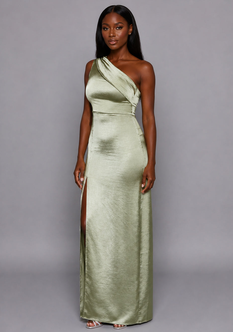 Fliss | One Shoulder Satin Olive Maxi Dress