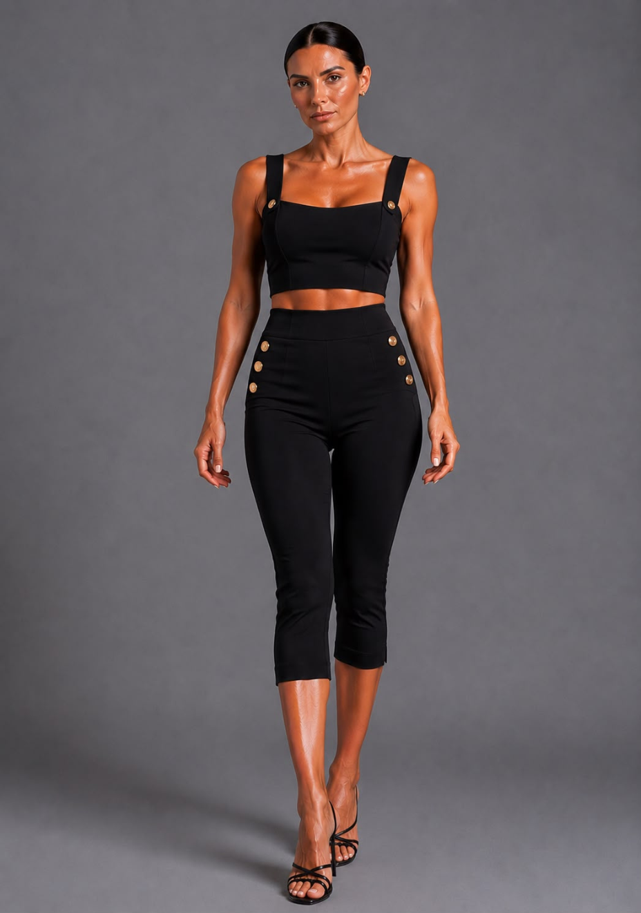 Capri | Cropped Black Button Detail Trousers