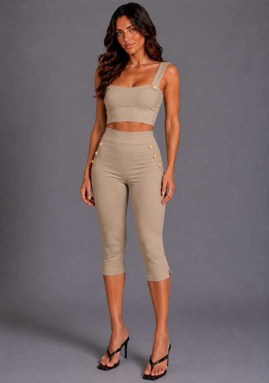 Athena | Square Neckline Button Detail Taupe Crop Top
