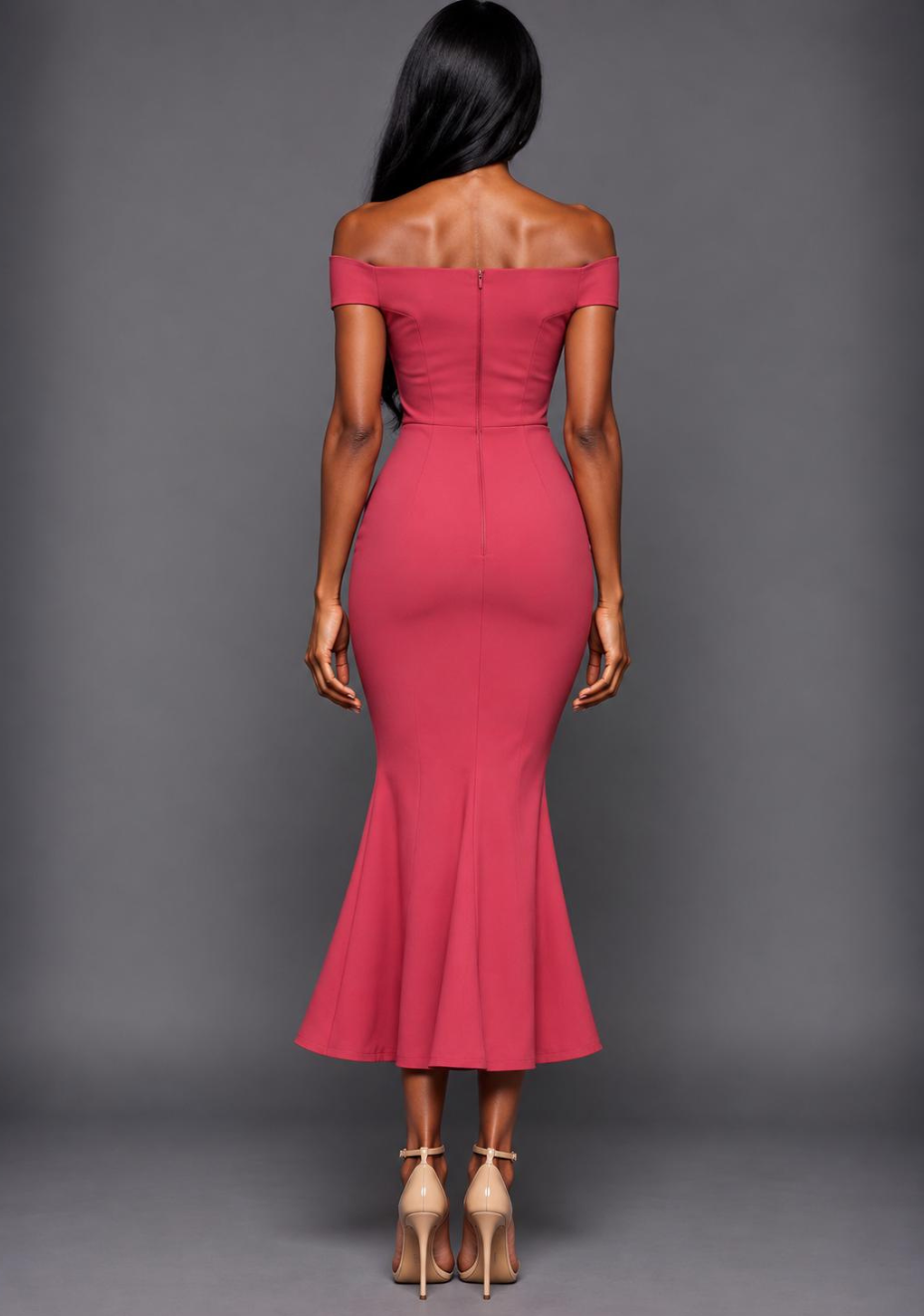 Brielle | Bardot Fishtail Raspberry Midaxi Dress