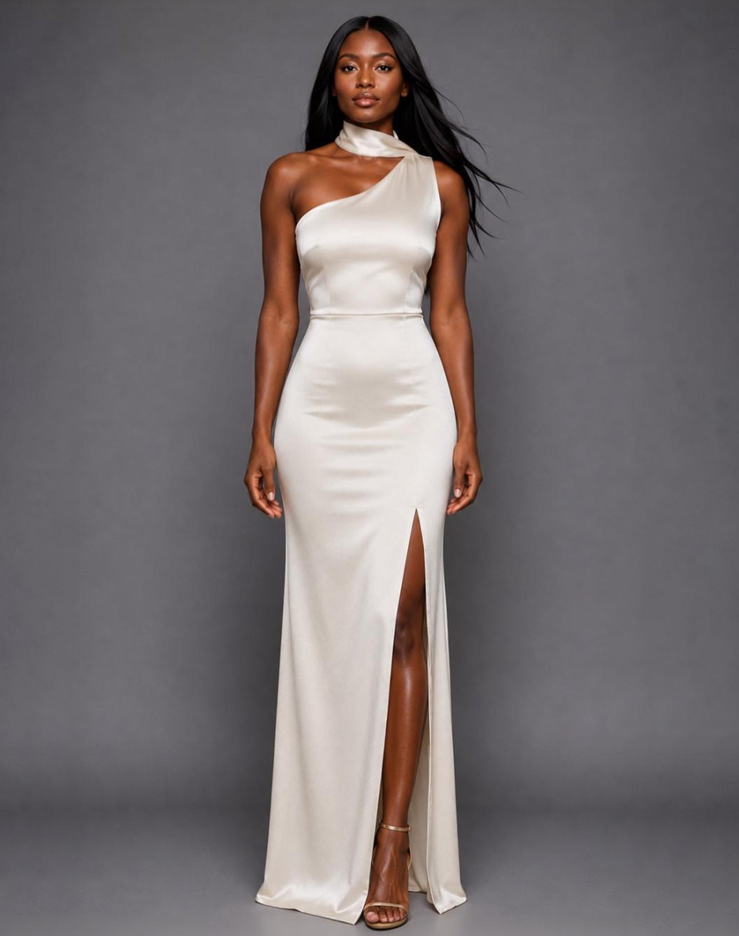 Cordula | One Shoulder Scarf Detail Cream Maxi Dress