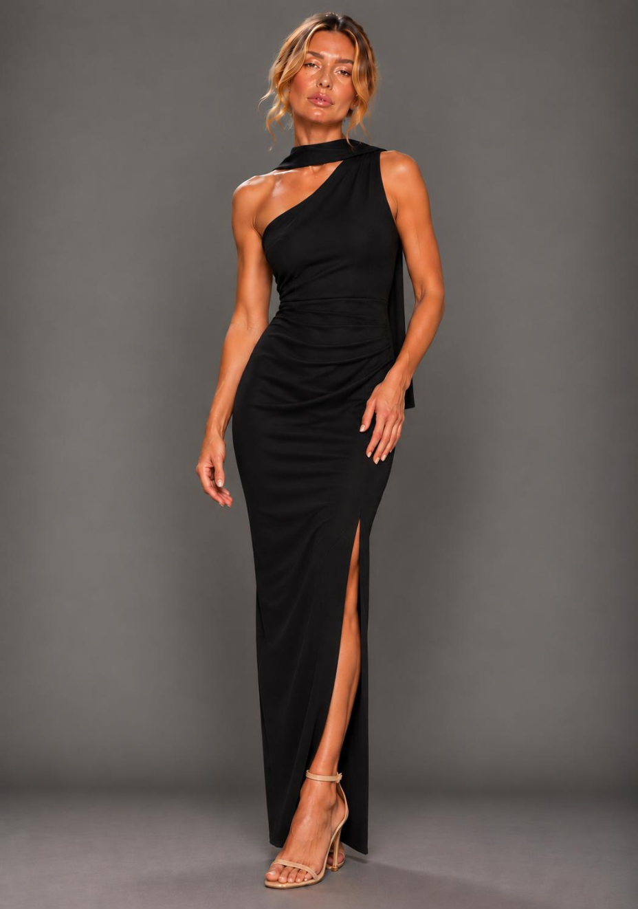 Drew | One Shoulder Drape Detail Black Maxi Dress