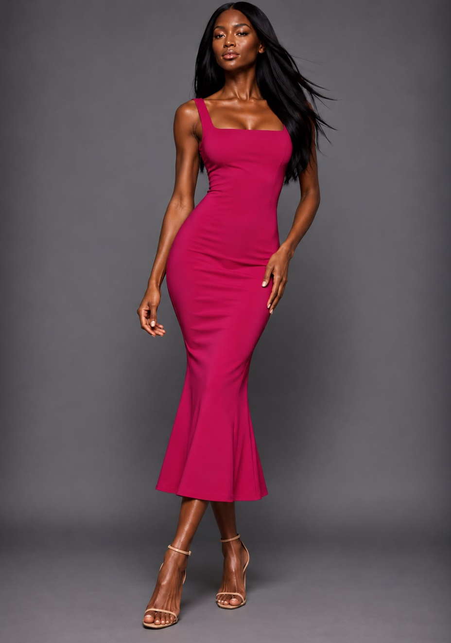 Marianna | Square Neckline Fishtail Magenta Midaxi Dress