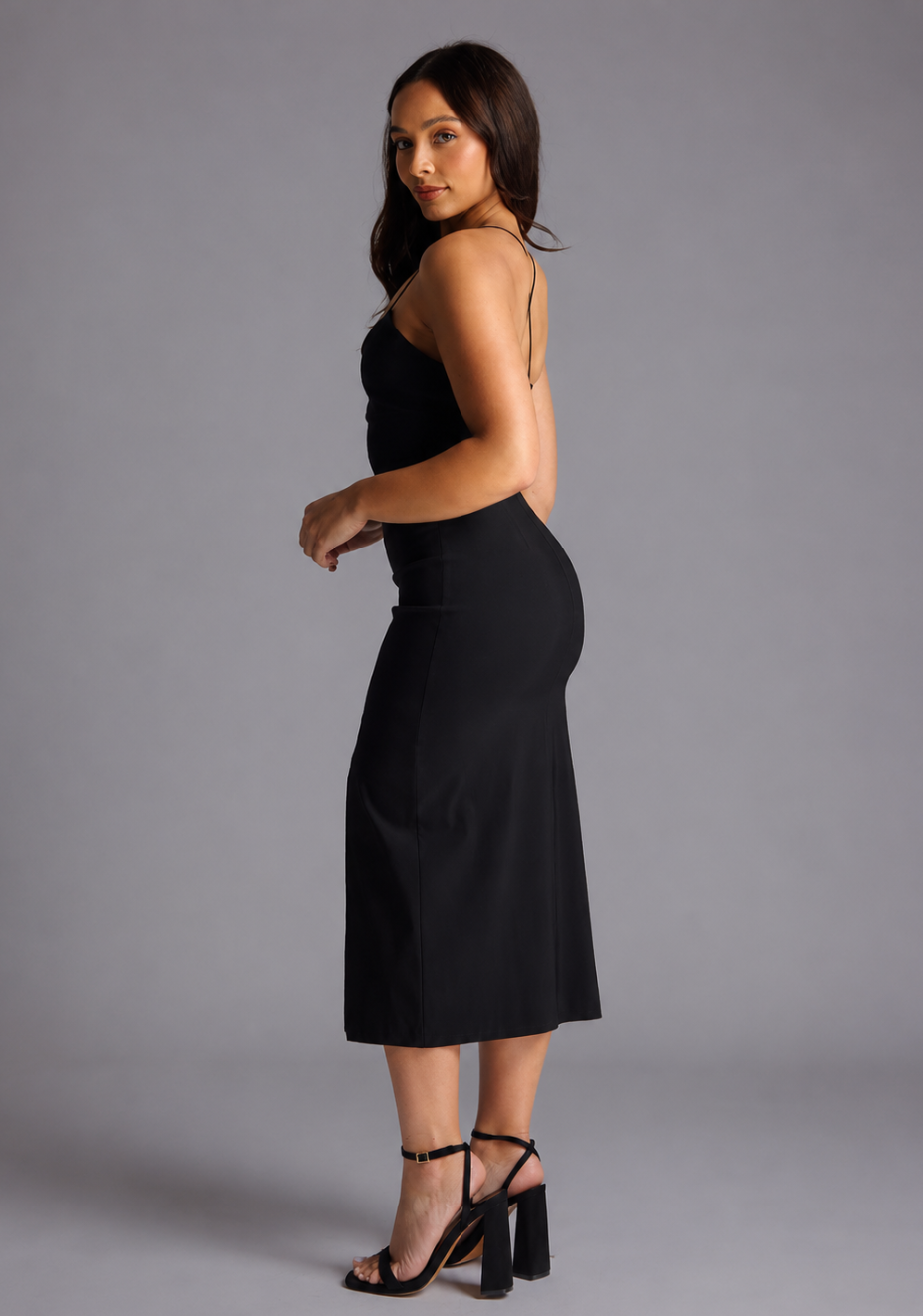 Beryl | Petite Strappy Bodycon Black Midaxi Dress
