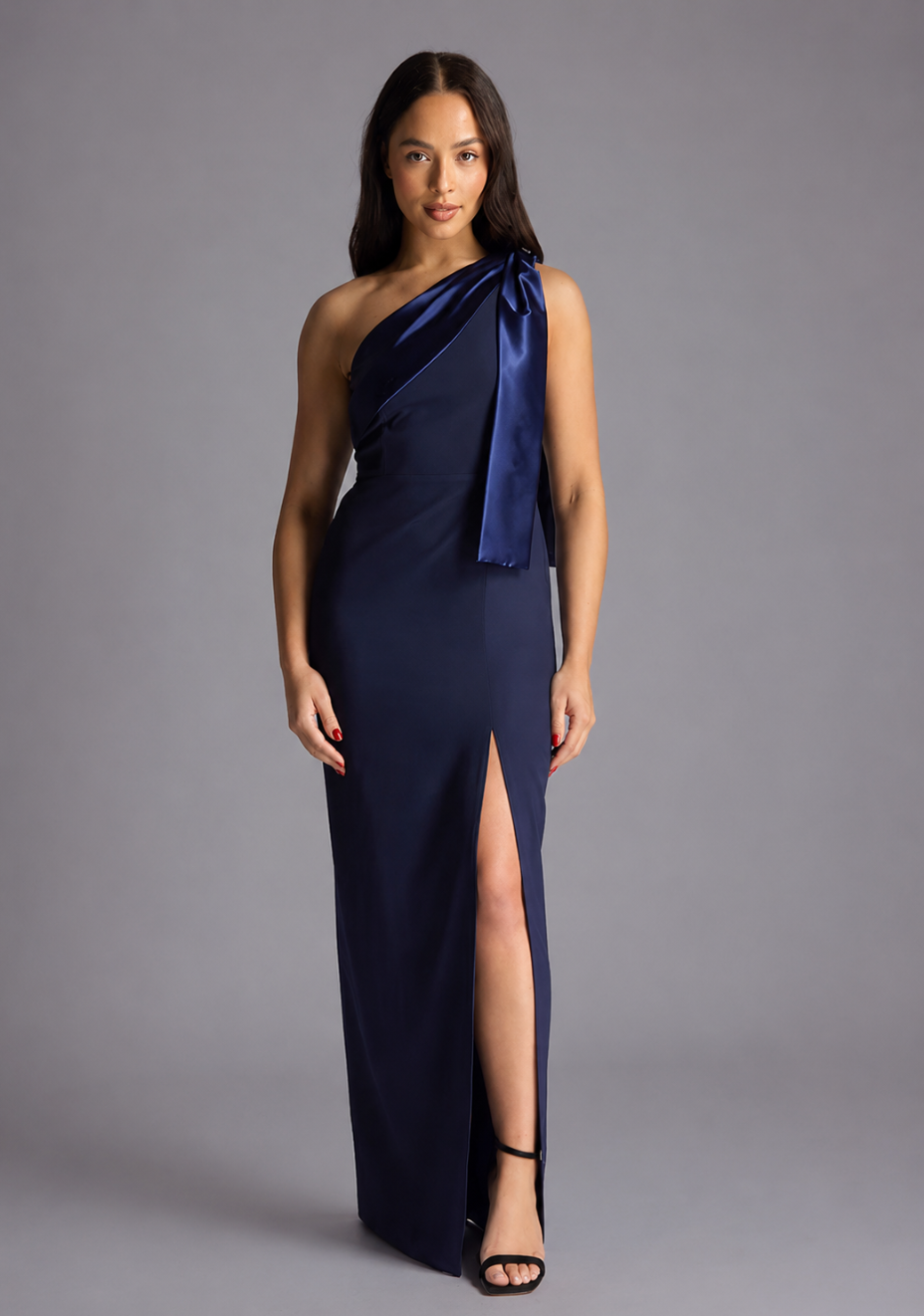 Olympia | Petite One Shoulder Satin Contrast Navy Maxi Dress