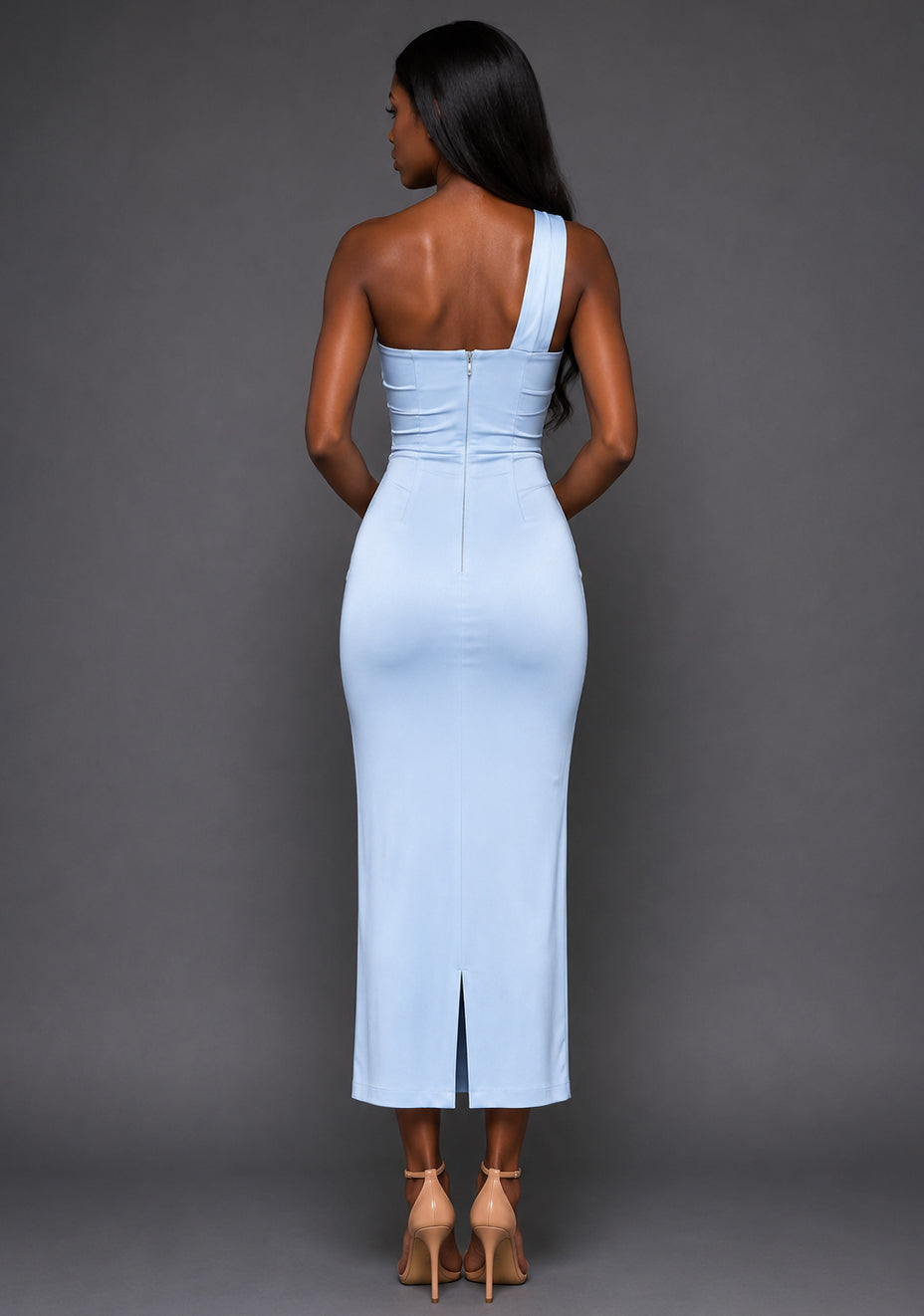 Back image of the VSPR Tierney One Shoulder Cut Out Blue Midaxi Dress showcasing the smooth body-contouring fit, rich blue hue, and sophisticated one shoulder construction.
