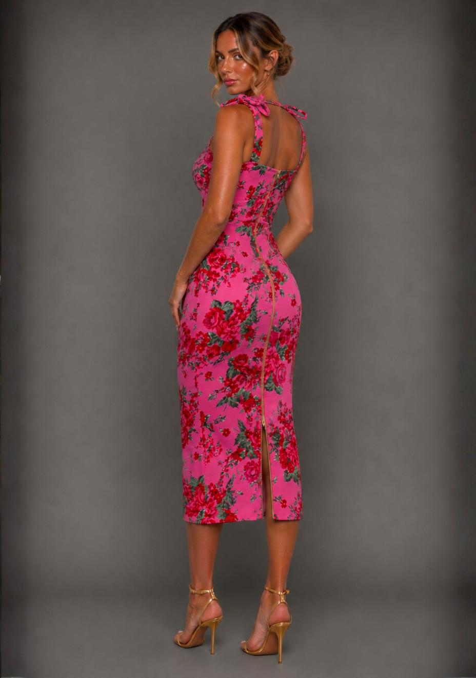 Soraya | Bodycon Tie Strap Pink Floral Midaxi Dress