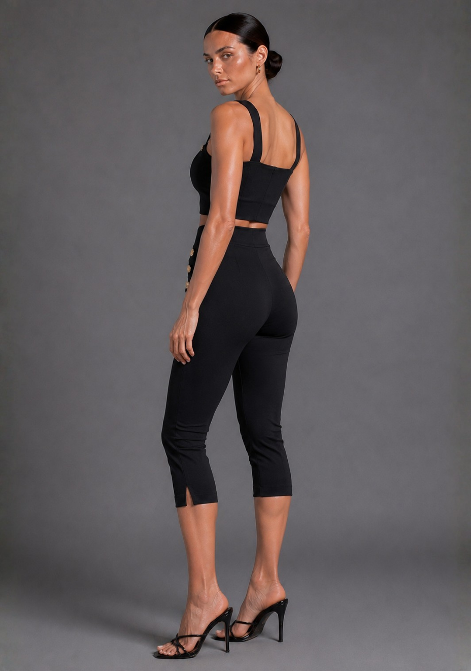 Capri | Cropped Black Button Detail Trousers