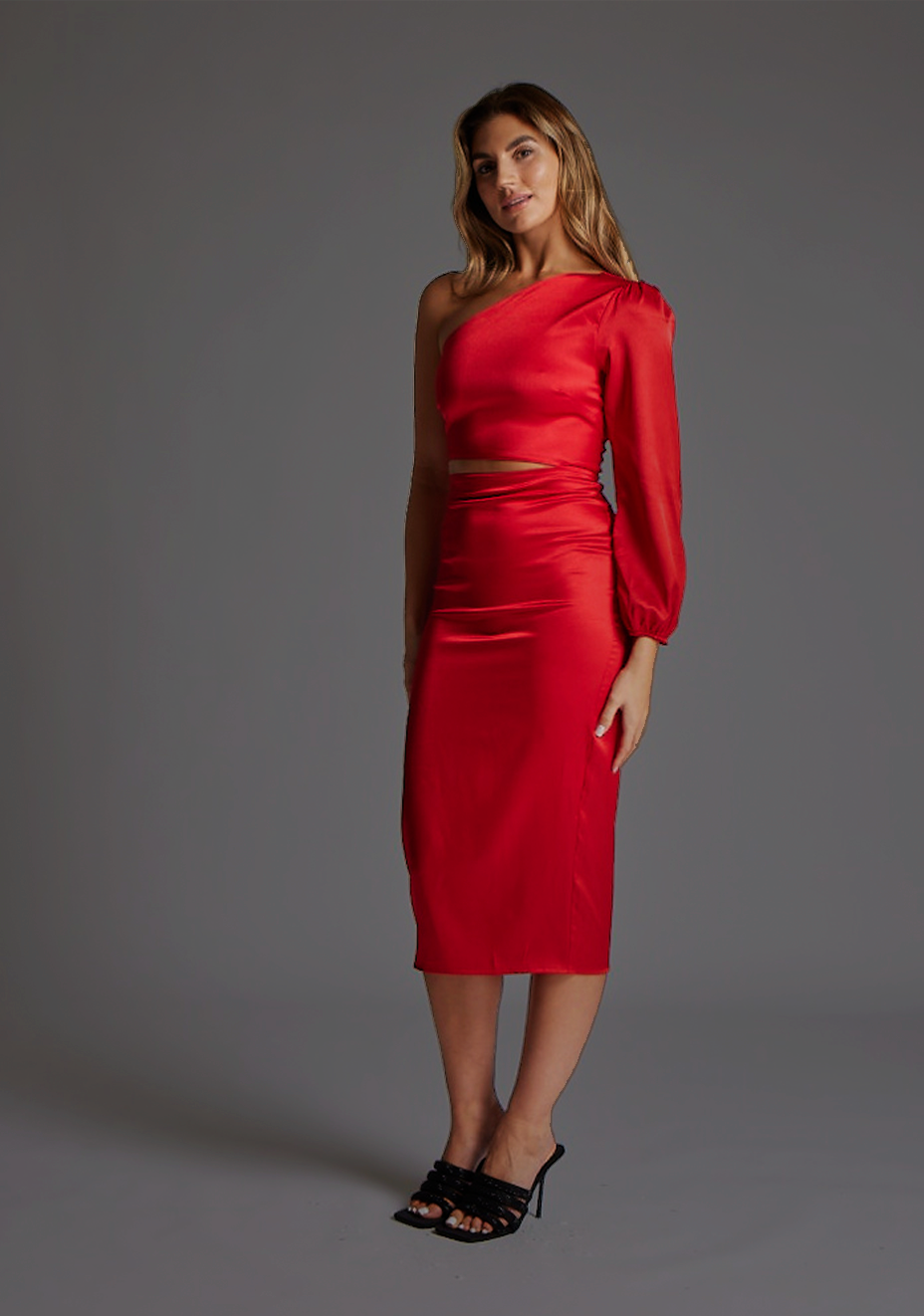 Alice | One Sleeve Red Midi Dress