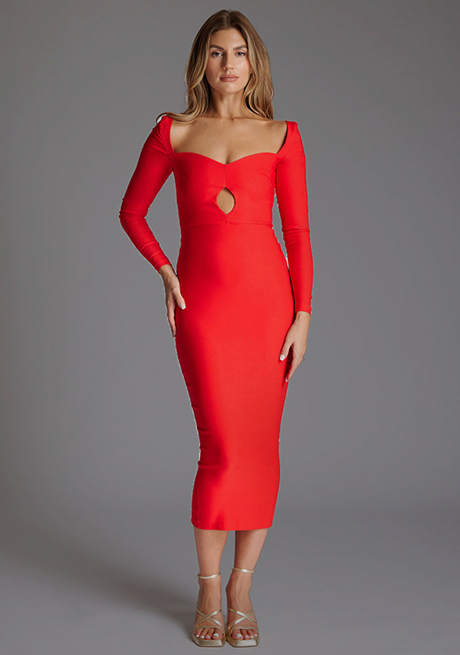 Amy | Sweetheart Neckline Long Sleeve Red Midaxi Dress
