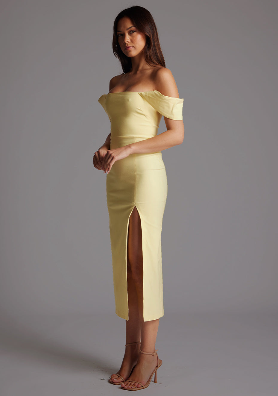 Astra | Bardot Lemon Midaxi Dress With Thigh Split
