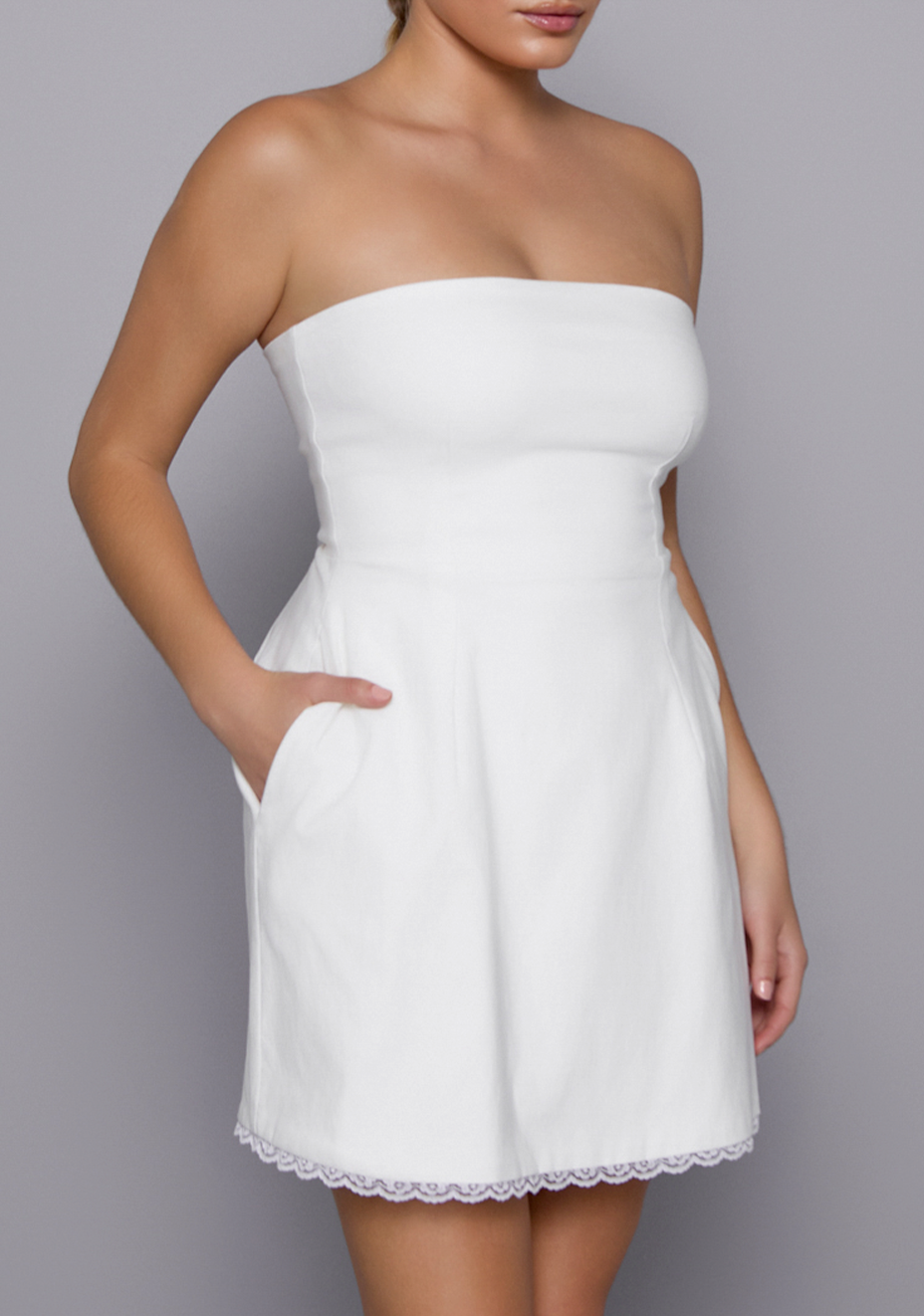Emily | Strapless Lace Trim Ivory Mini Dress