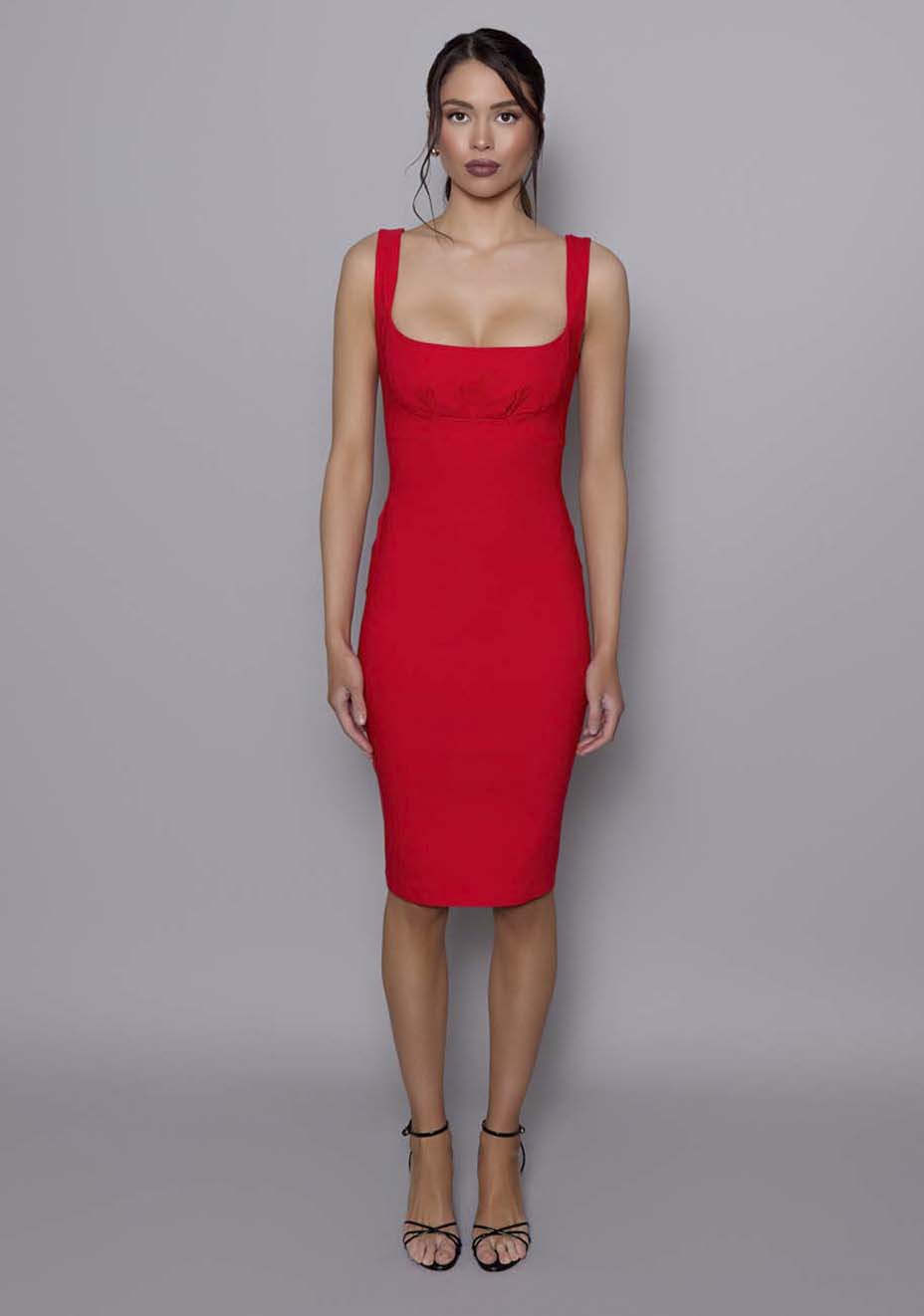 Evette | Square Neck Bodycon Red Midi Dress