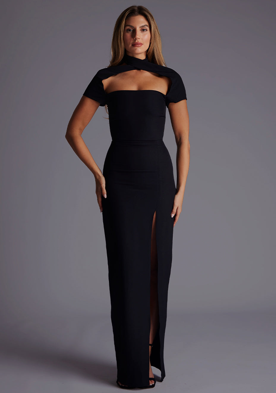 Josephine | High Neck Short Sleeve Black Maxi Dress