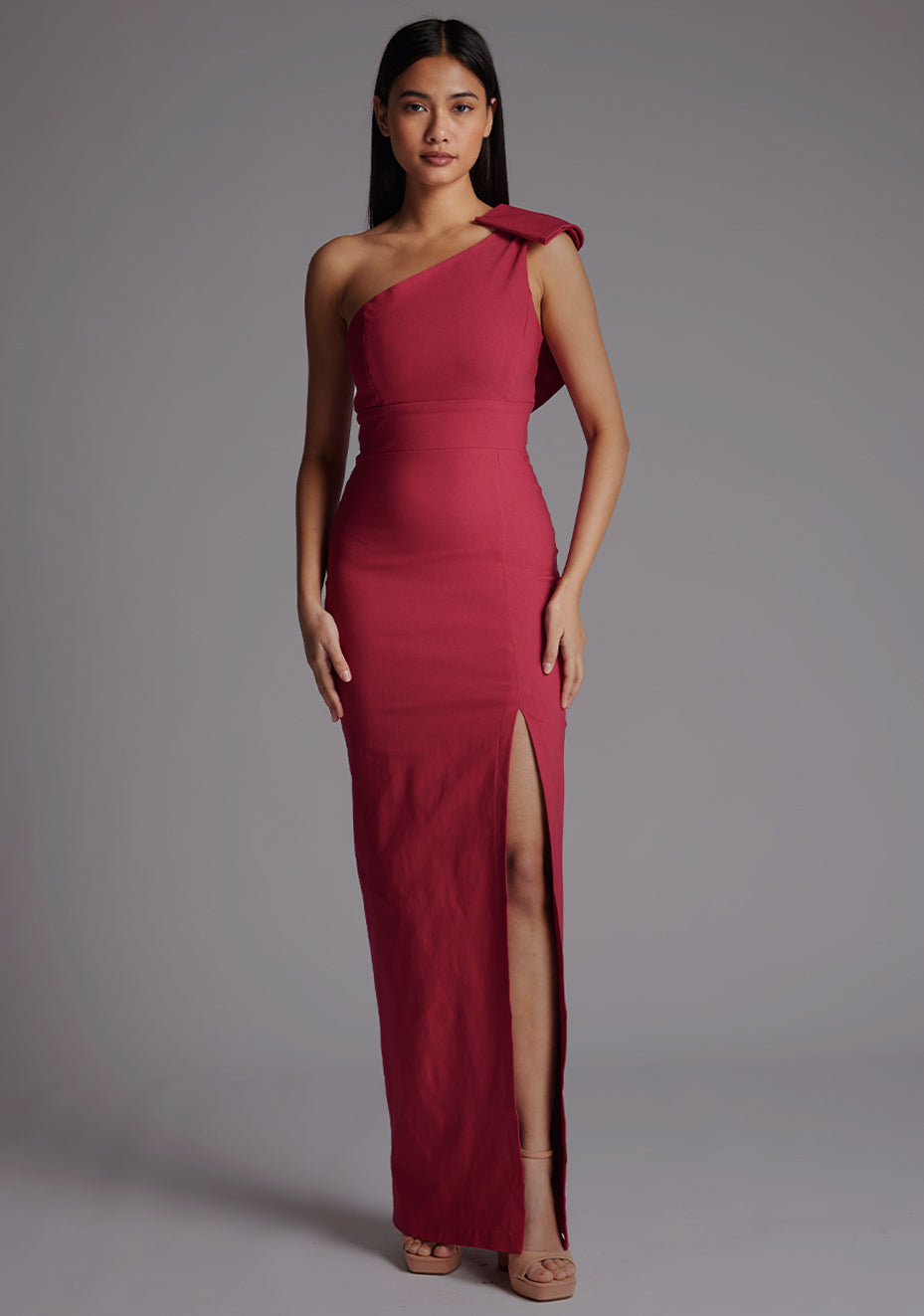 Keegan | One Shoulder Raspberry Maxi Dress With Bow