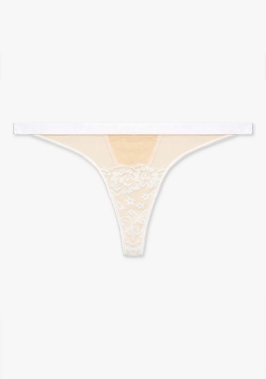 VSPR Lyra thong in a mix of white and nude shades, adorned with fine floral lace, laid flat on a white background.