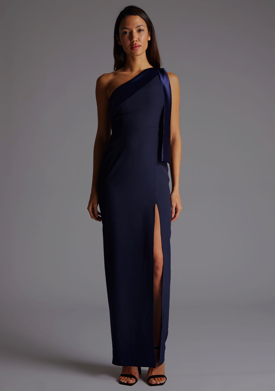 Olympia | One Shoulder Navy Maxi Dress With Satin Drape Detail