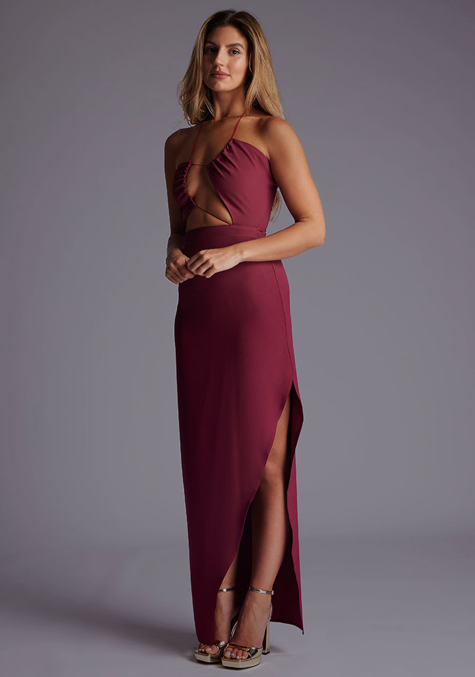 Opal | Cut-Out Halter Burgundy Maxi Dress
