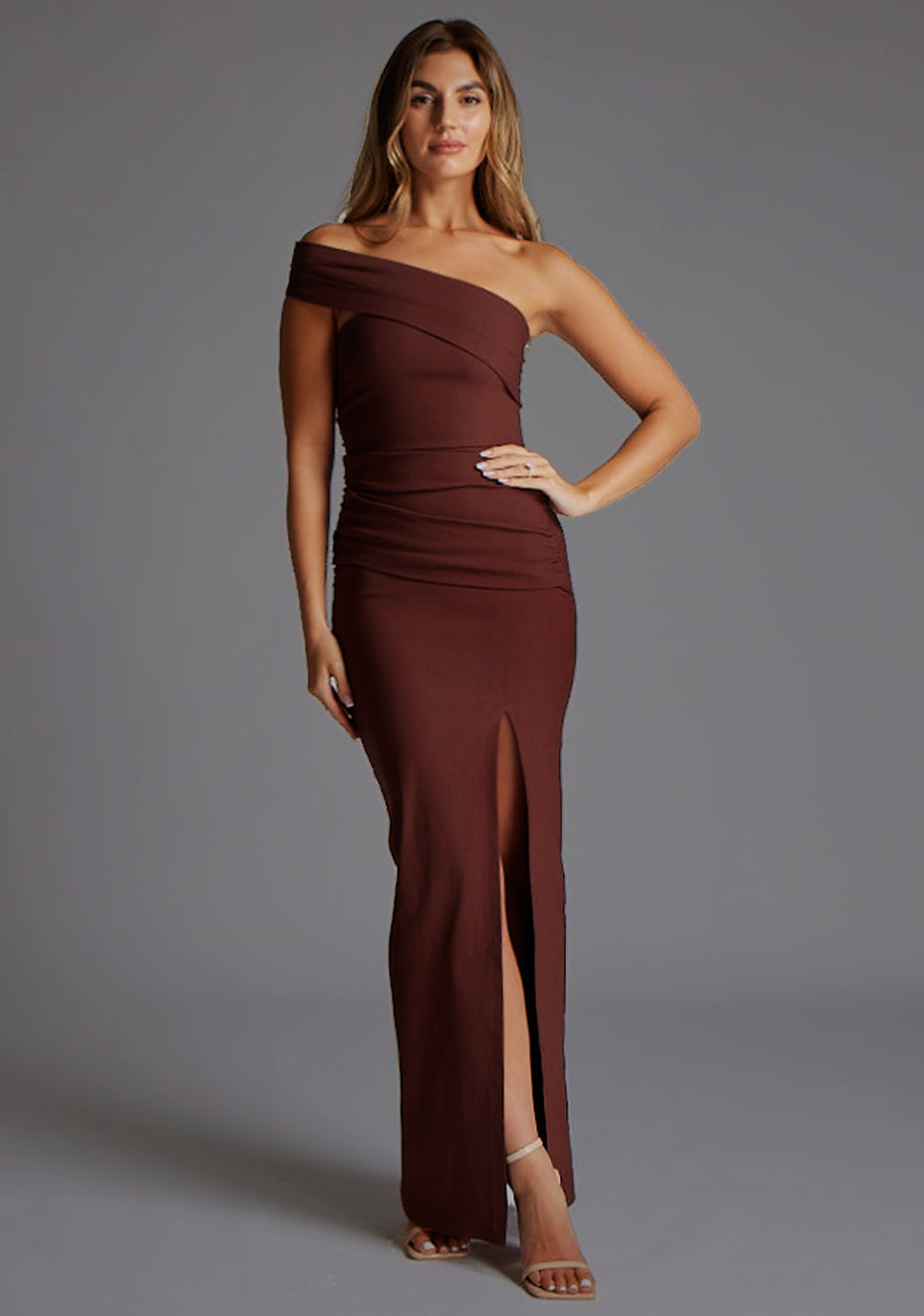 Pearson | Bardot Ruched Chocolate Maxi Dress