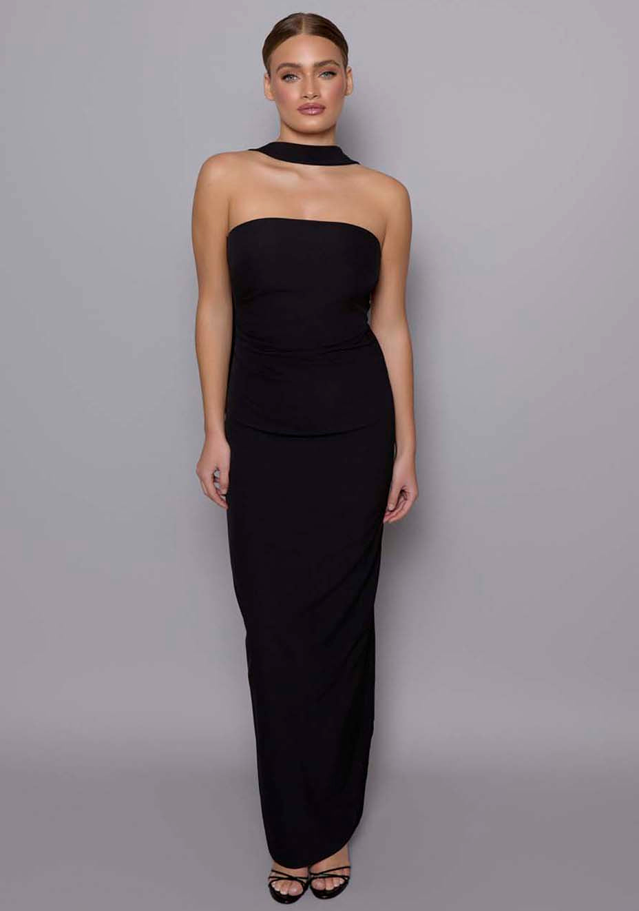 Tiffany | Bandeau Ruched Waist Black Maxi Dress