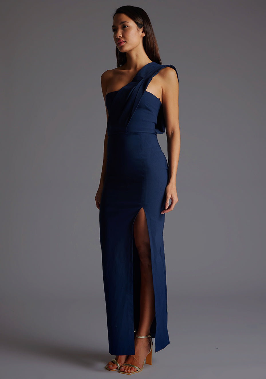 Marni | One Shoulder Drape Navy Maxi Dress