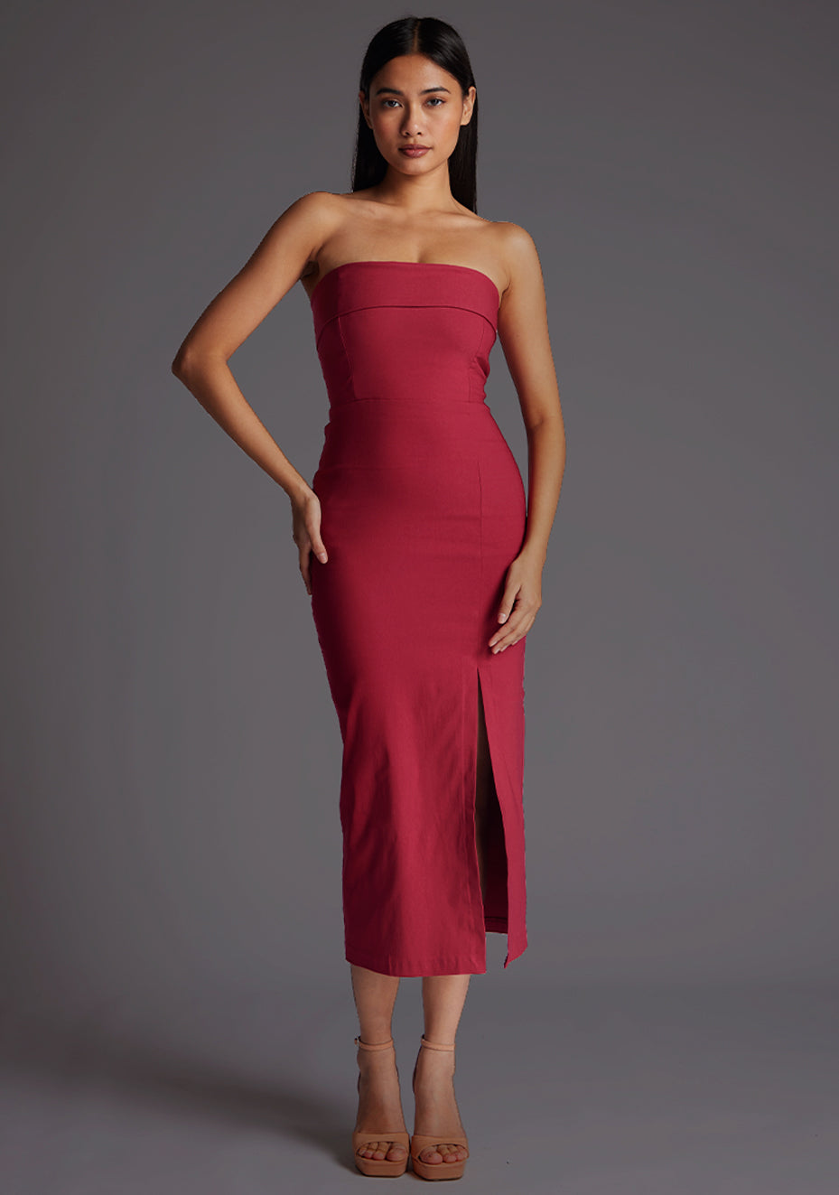 Monica | Strapless Raspberry Midaxi Dress