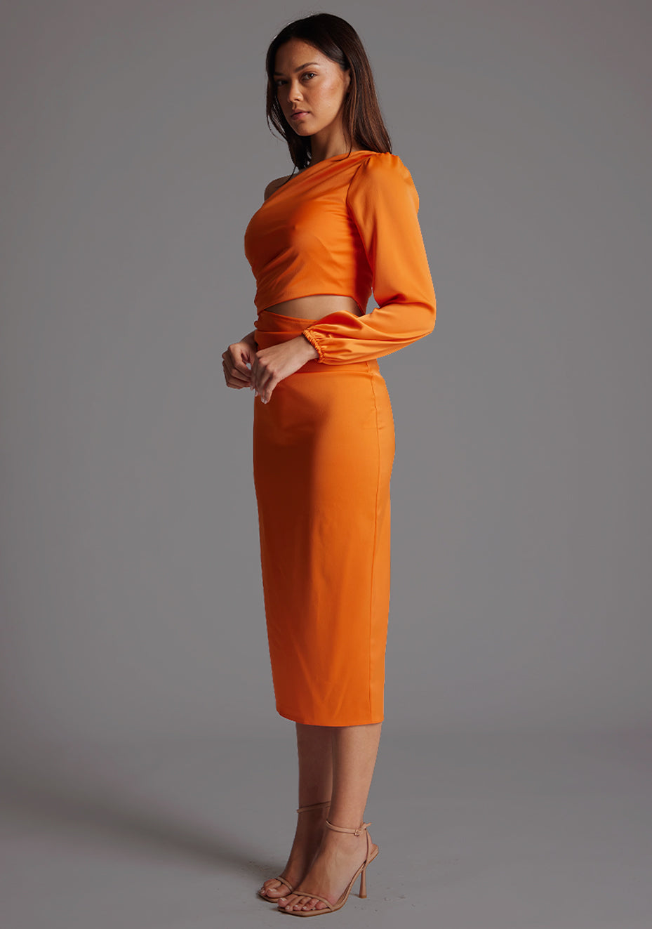 Niccola | One Sleeve Satin Orange Midi Dress