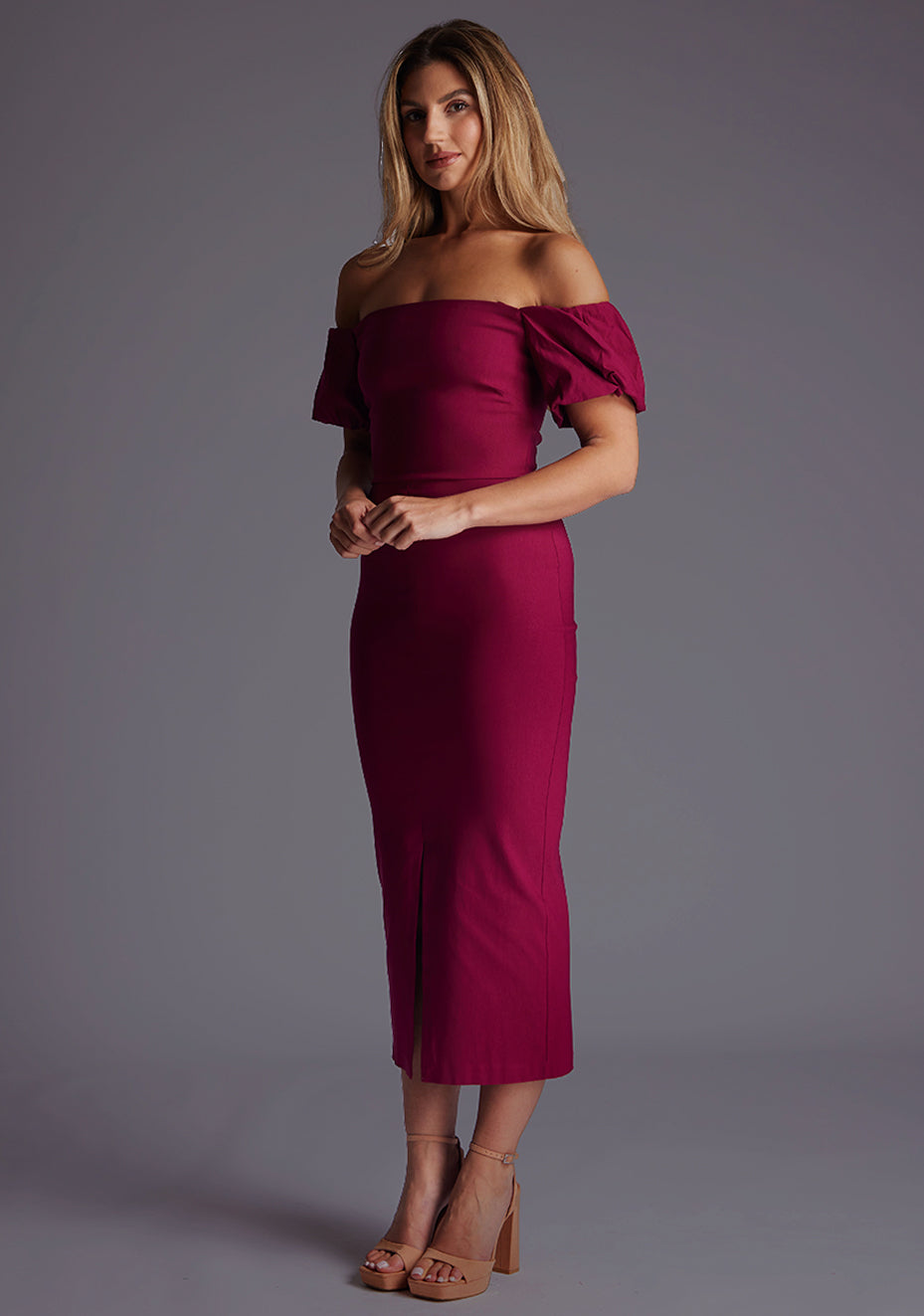 Quinton | Bardot Puff Sleeve Berry Midaxi Dress
