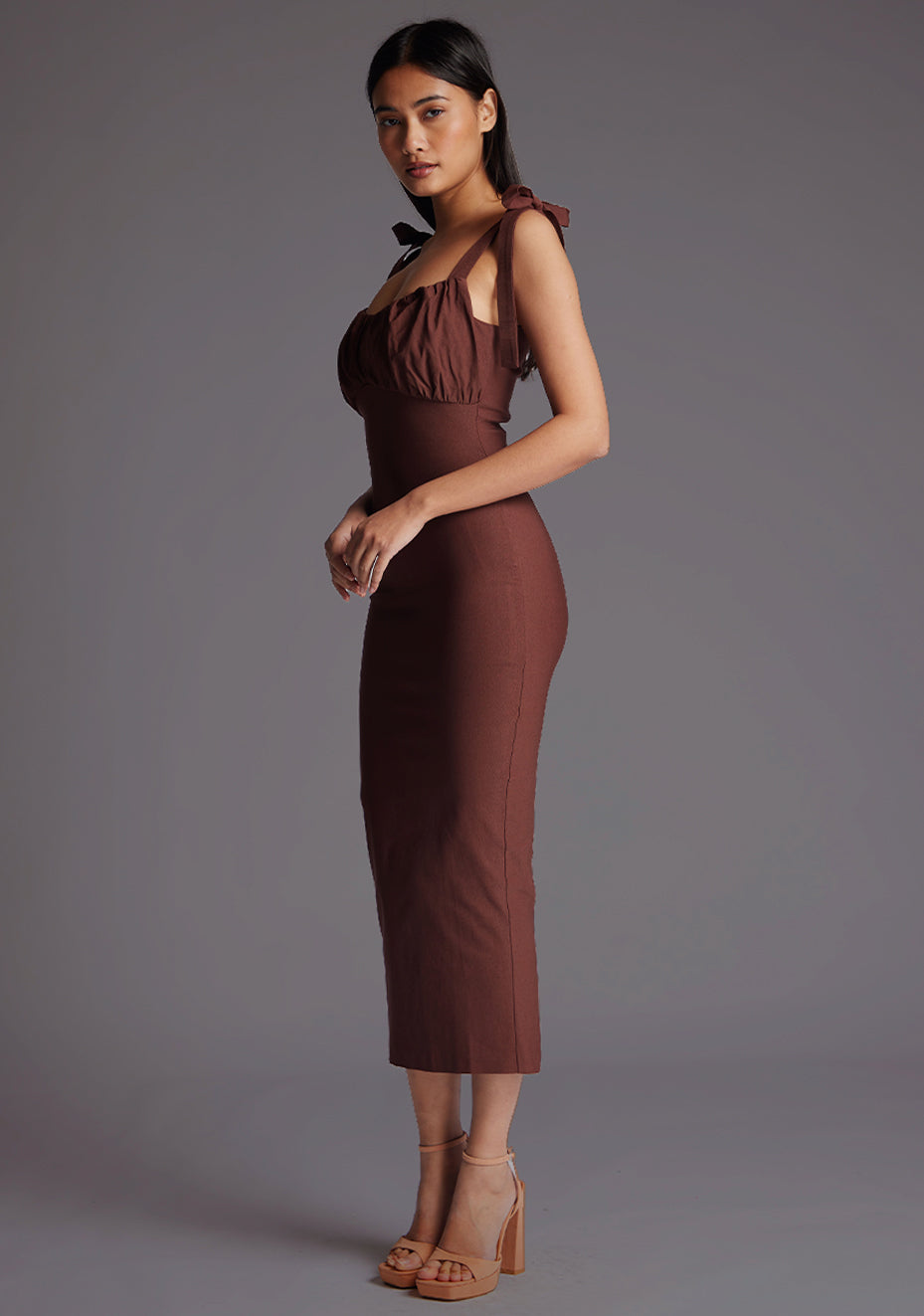 Rapunzel | Ruched Bust Bodycon Chocolate Midaxi Dress