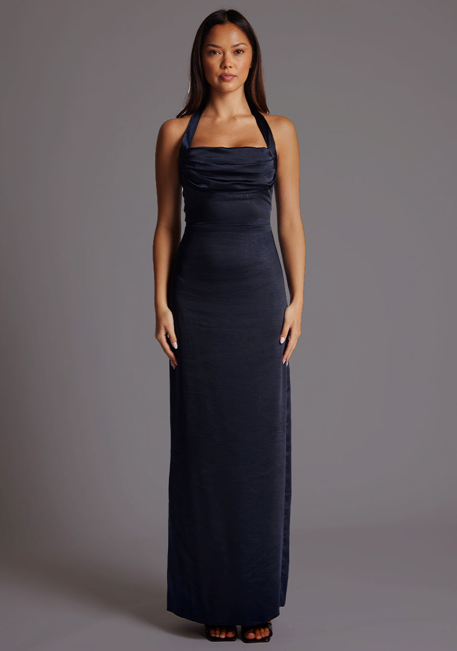 Saige | Satin Cowl Halter Navy Maxi Dress