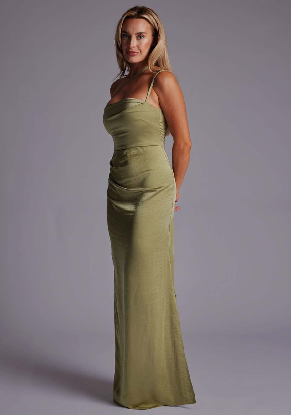 Solange | Satin Ruched Waist Olive Maxi Dress