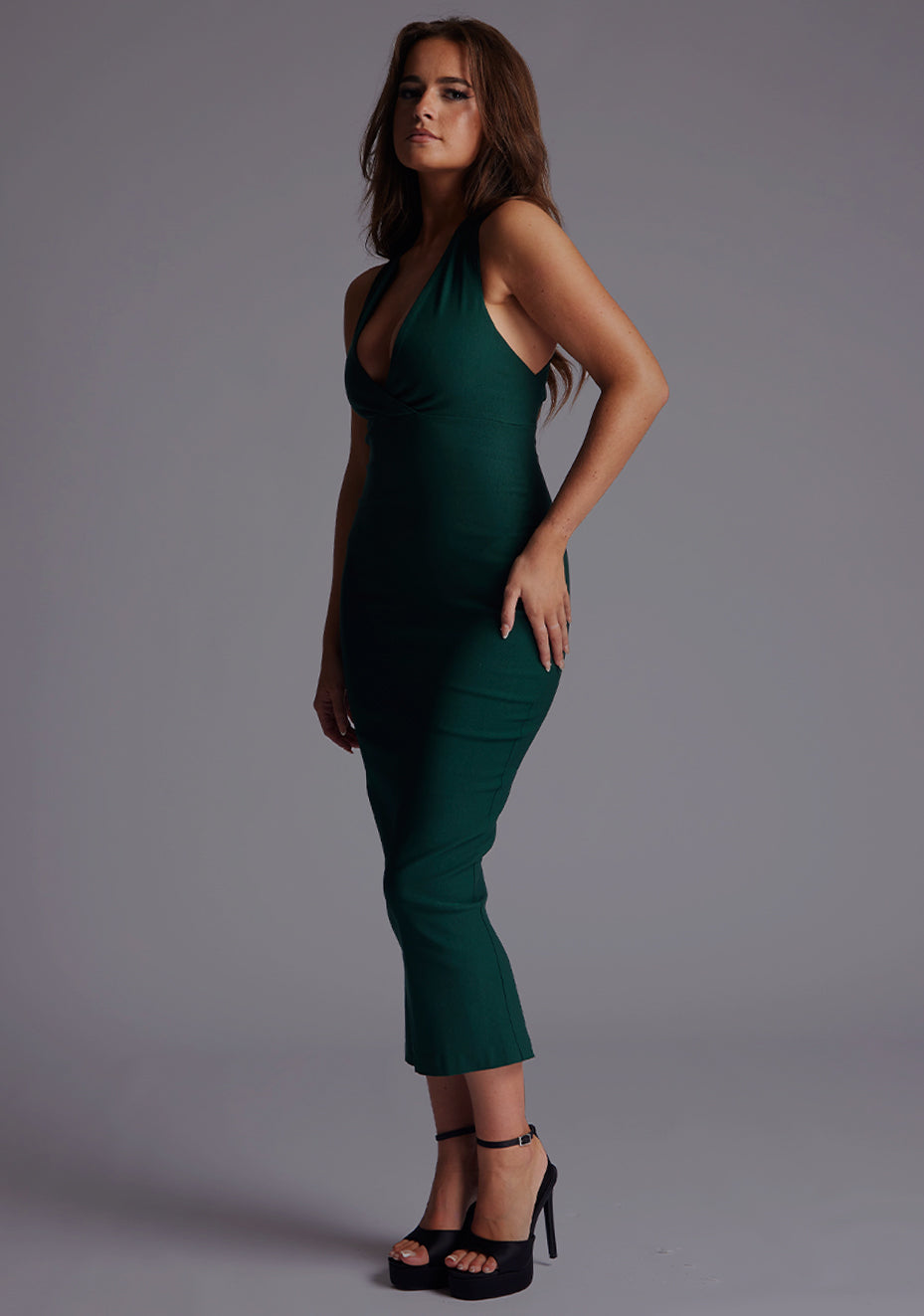 Verona | Plunge Neckline Forest Green Midaxi Dress