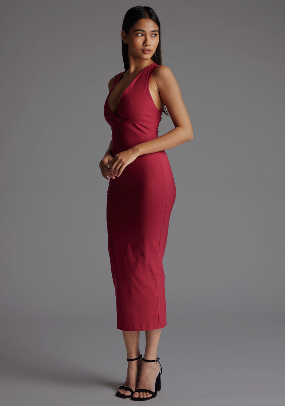 Verona | Plunge Neck Bodycon Raspberry Midaxi Dress