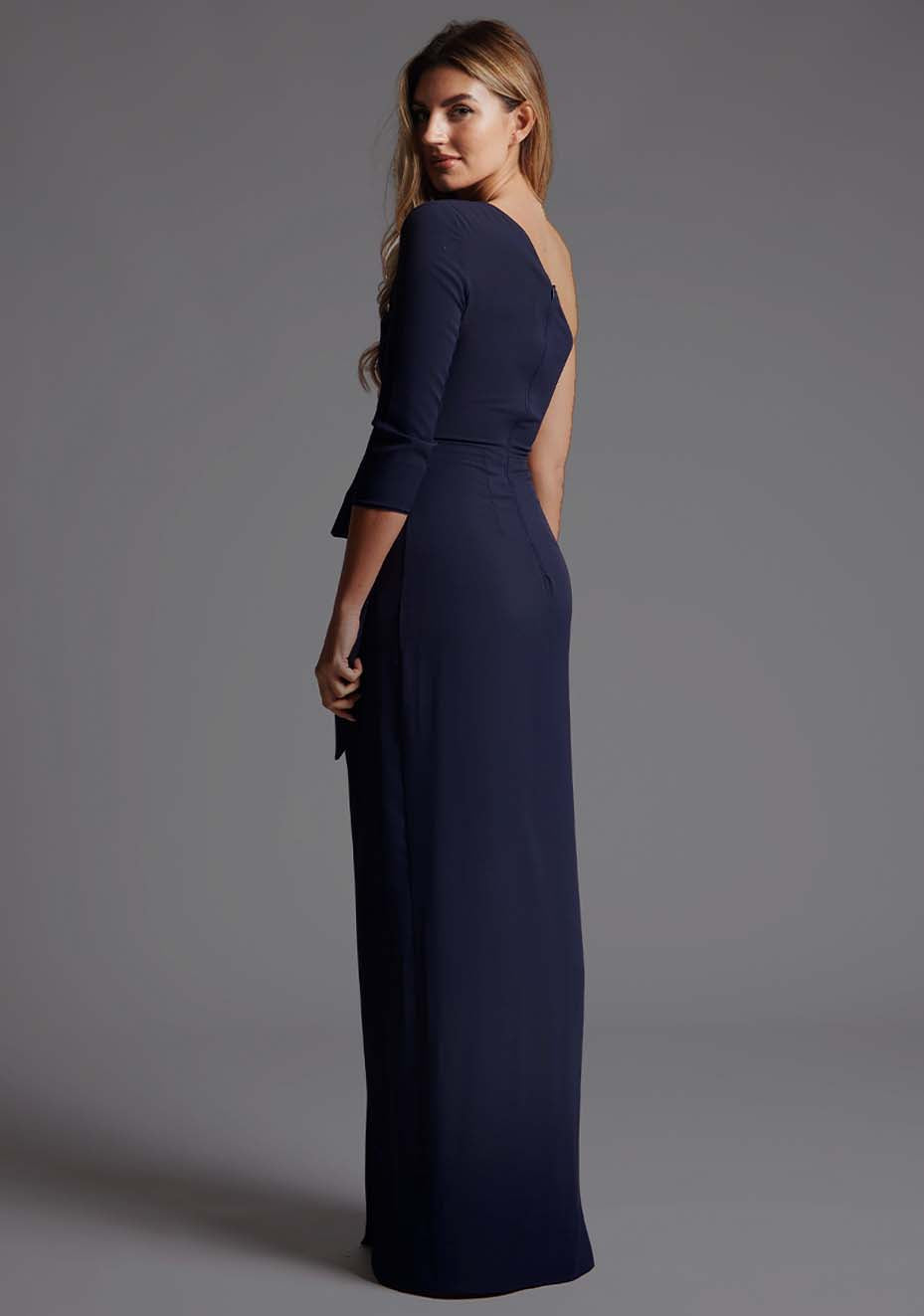 Vienna | One Sleeve Ruched Detail Navy Maxi Dress