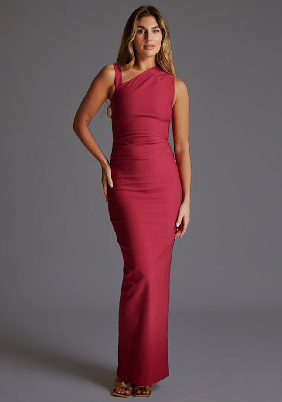 Wyatt | One Shoulder Ruched Bodycon Raspberry Maxi Dress