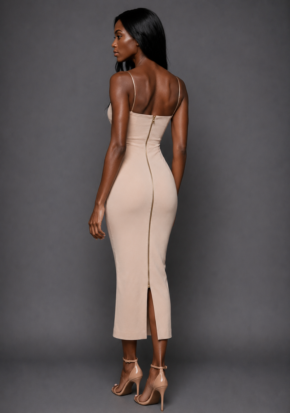 Side back image of a model wearing the VSPR Viola Cami Strap Plunge Stone Midaxi Dress, highlighting the fitted silhouette and refined stone-toned stretch fabric against a grey studio backdrop.