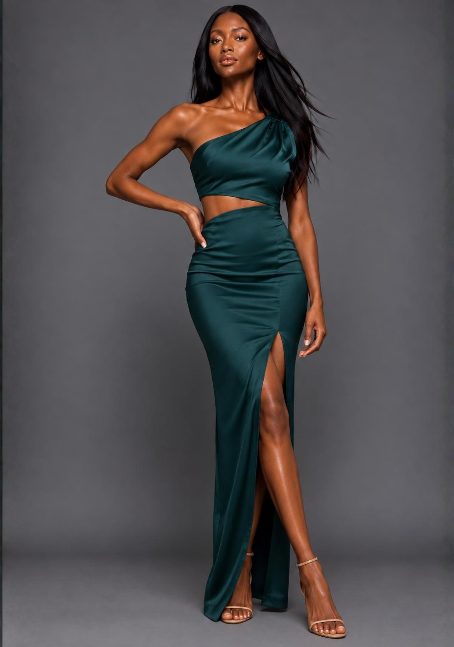 Candace | One-Shoulder Satin Forest Green Maxi Dress