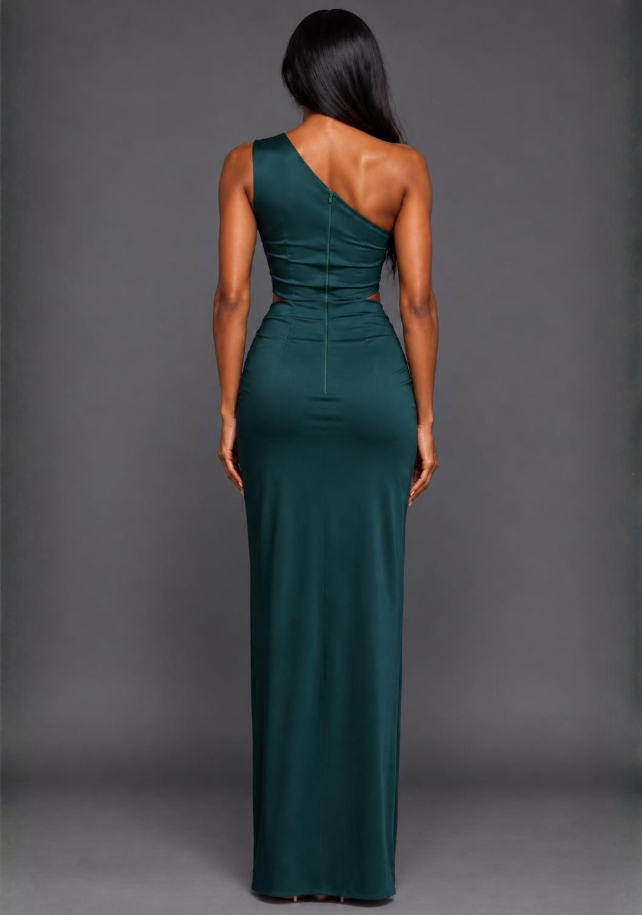 Candace | One-Shoulder Satin Forest Green Maxi Dress