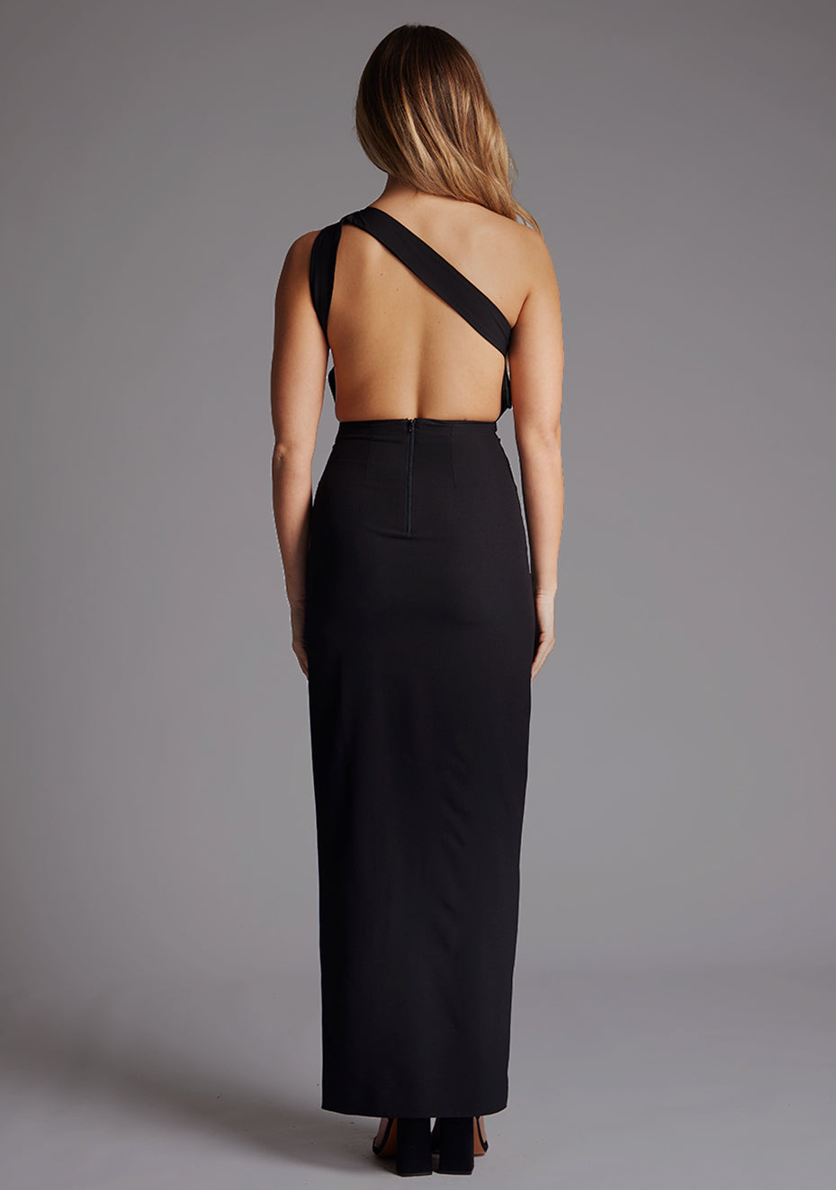 Deva | One Shoulder Open Back Black Maxi Dress