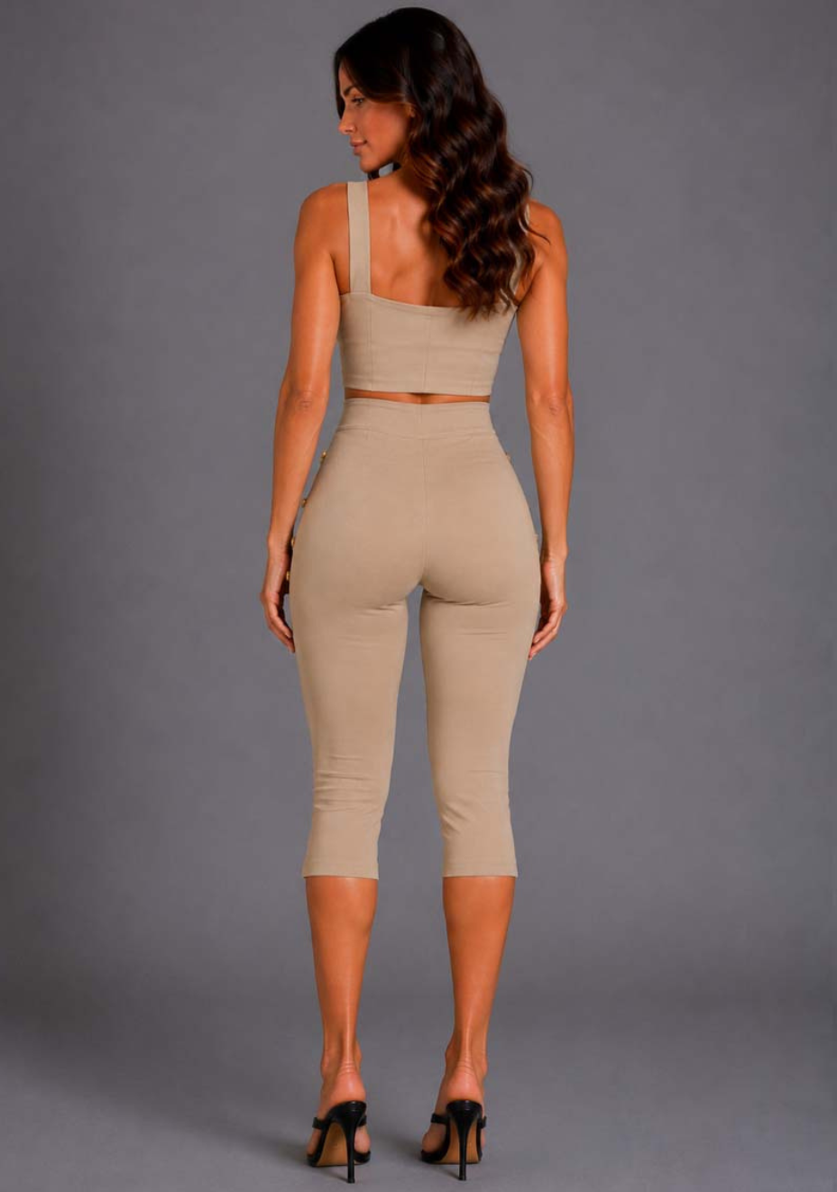 Athena | Square Neckline Button Detail Taupe Crop Top