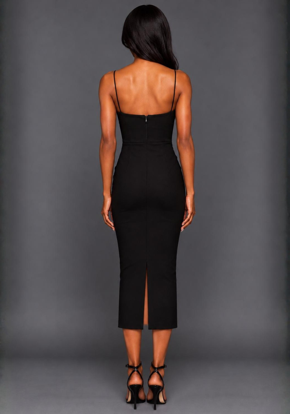 Back image of a model wearing the VSPR Angelina Strappy Cut Out Black Midaxi Dress, showcasing the delicate straps, centre-back zip, and fitted silhouette.