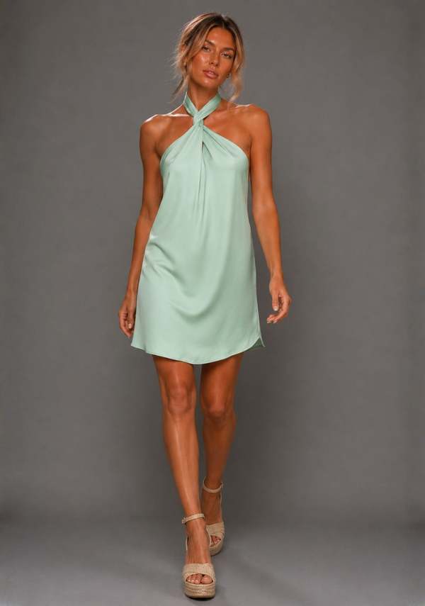 Ayesha | Twist Neck Sage Mini Dress