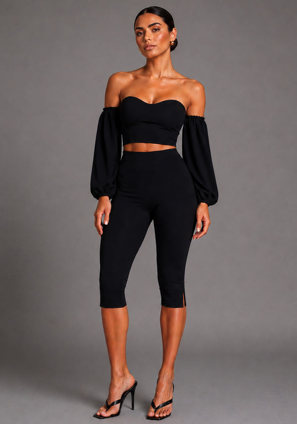 Belle | Sweetheart Neckline Puff Sleeve Black Top