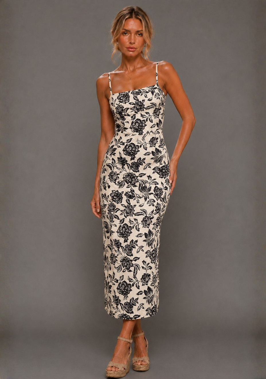 Front image of a model wearing the VSPR Cora Square Neck Champagne Midaxi Dress with a clean square neckline, delicate shoulder straps, and a sculpted, body-skimming silhouette, standing against a grey studio backdrop.
