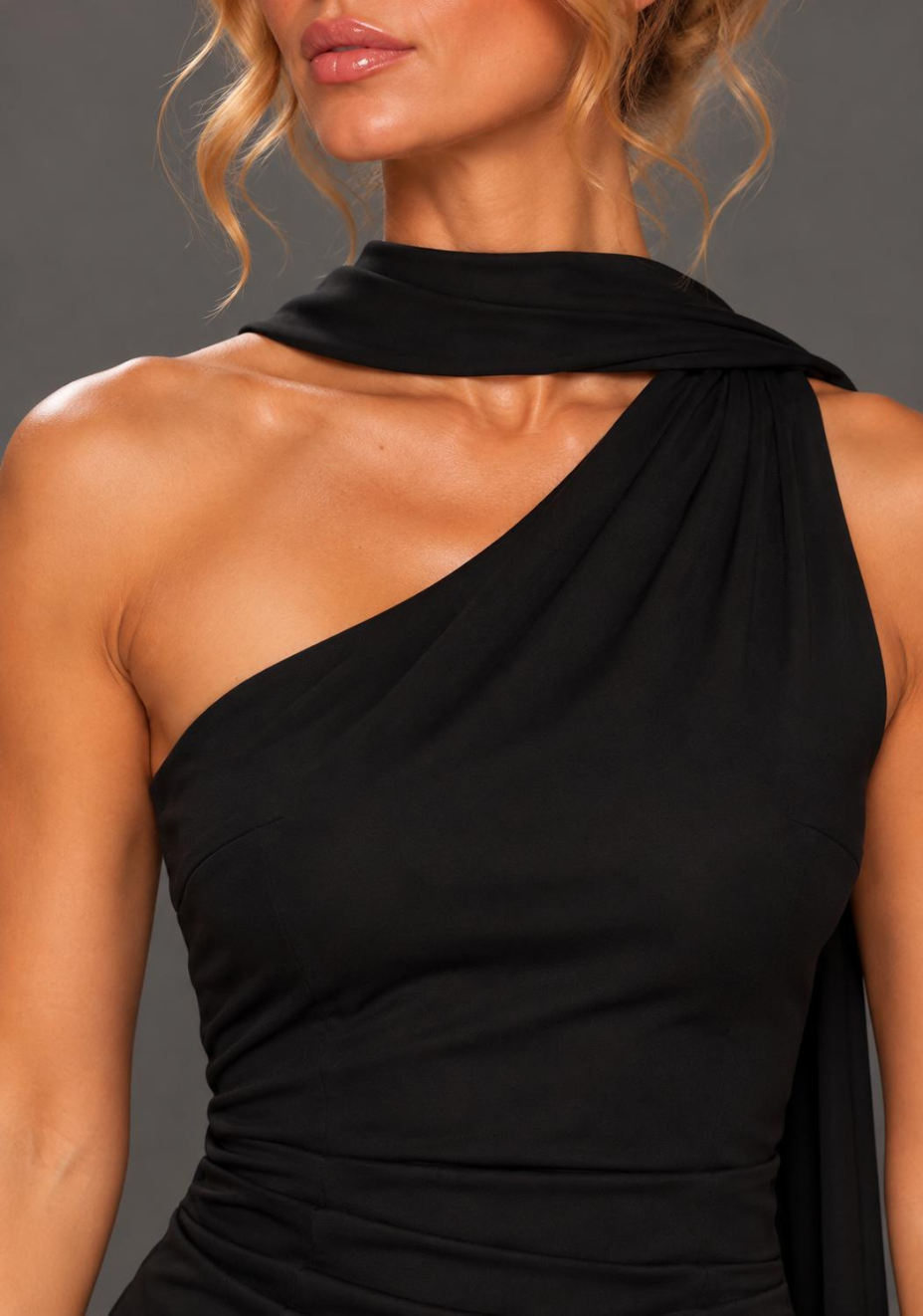 Drew | One Shoulder Drape Detail Black Maxi Dress