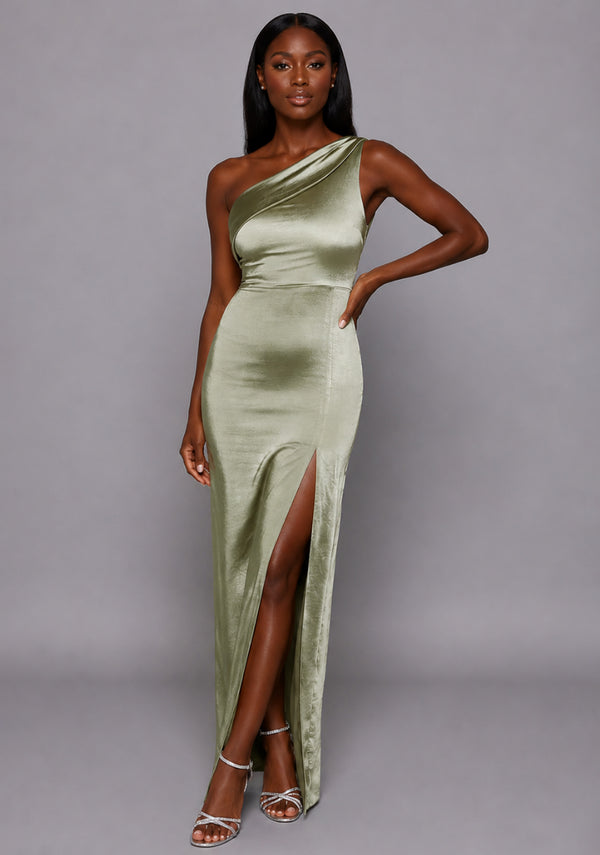 Fliss | One Shoulder Satin Olive Maxi Dress