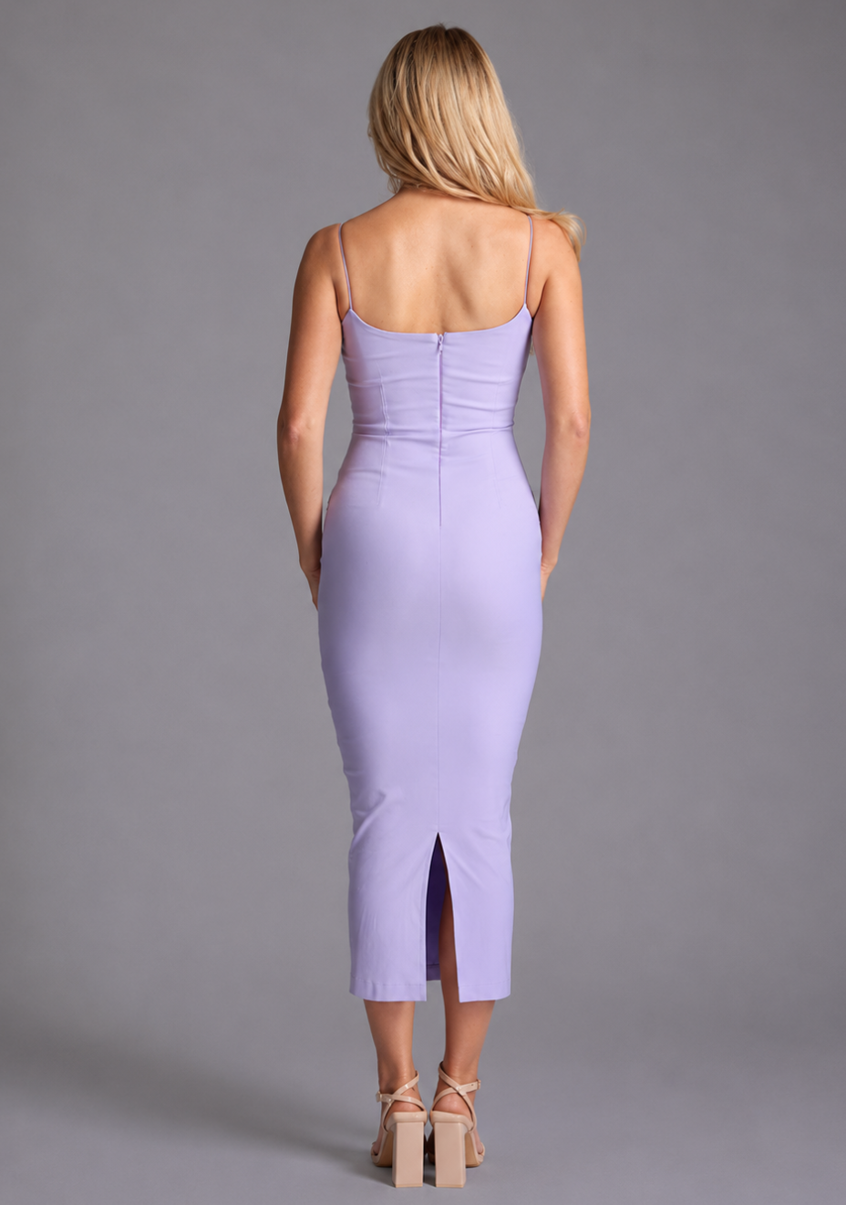 Vesper lilac strappy midaxi bodycon dress with square neckline and fitted silhouette, back view on blonde model against grey studio background.
