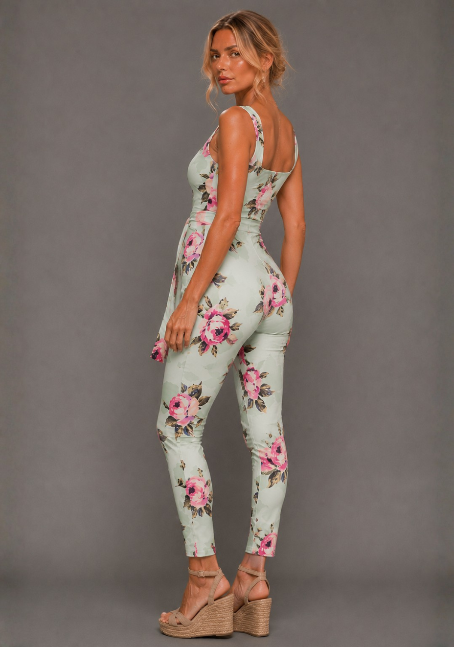 Side back image of a model wearing the VSPR Nala Square Neckline Mint Floral Jumpsuit in Mint Floral, highlighting the waist definition and tapered leg silhouette, standing against a grey studio backdrop.