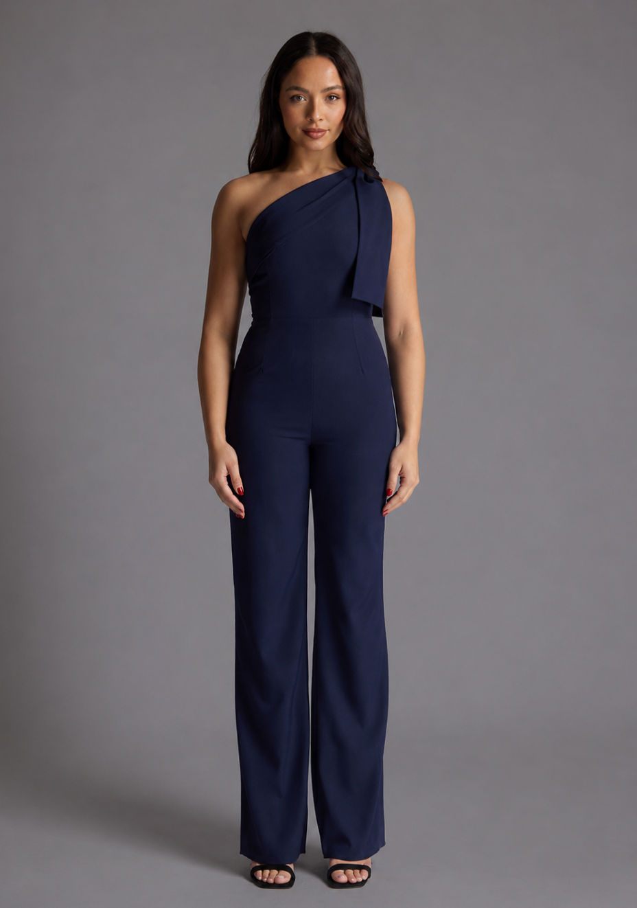 Gracie | Petite One Shoulder Wide Leg Navy Jumpsuit