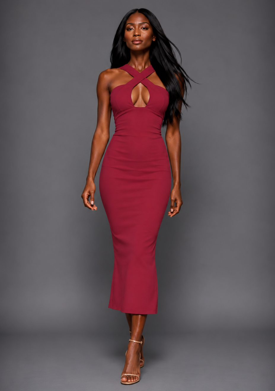 Hudson | Cross Strap Bodycon Raspberry Midaxi Dress